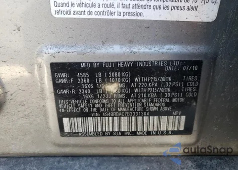 2011 Subaru Outback 2.5I from USA, damaged, VIN 4S4BRBAC7B3331304